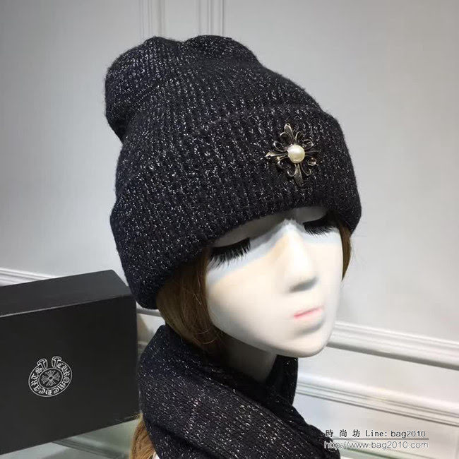 克羅心Chrome Hearts 2018早秋 情侶款加厚羊毛圍巾帽子套裝 男女同款 LLWJ8603